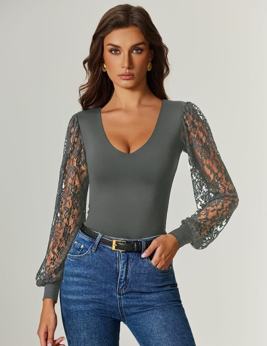 Avidlove Long Sleeve Bodysuits for Women Lace Plus Size Bodysuit Double Lined Shirt Tops Gray XL thumbnail 4
