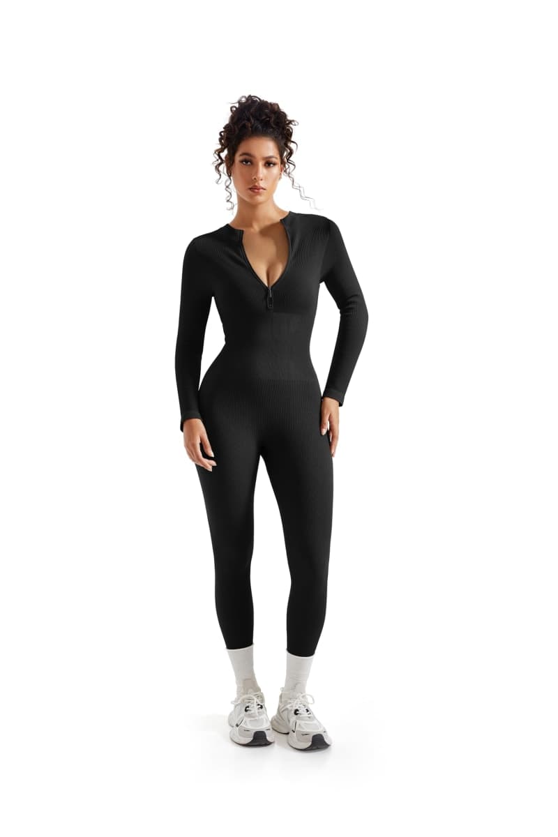 SUUKSESS Women Long Sleeve Ribbed Jumpsuit Zip up Front Workout Bodycon Romper, 01 Black, X-Large thumbnail 2