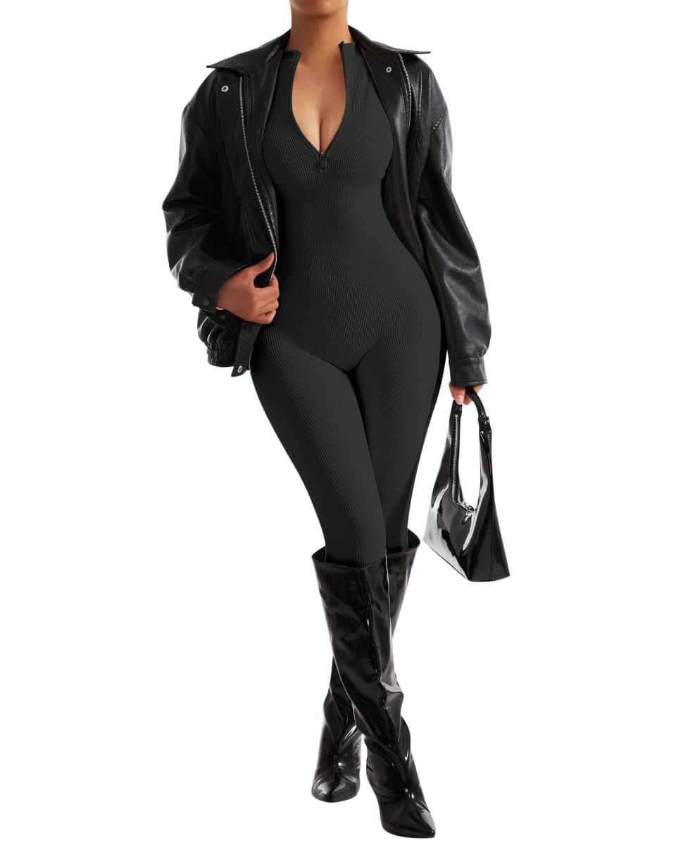 SUUKSESS Women Long Sleeve Ribbed Jumpsuit Zip up Front Workout Bodycon Romper, 01 Black, X-Large thumbnail 4