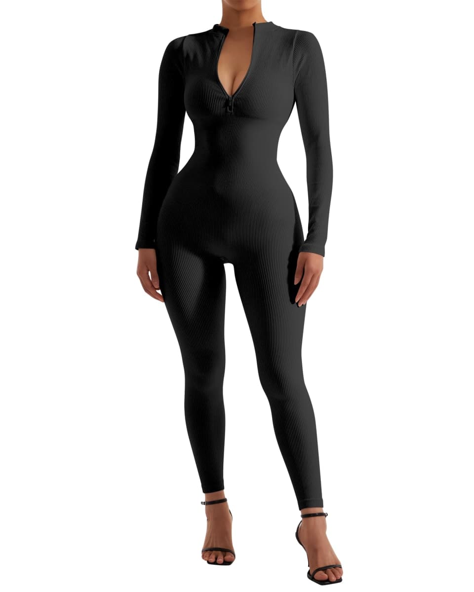 SUUKSESS Women Long Sleeve Ribbed Jumpsuit Zip up Front Workout Bodycon Romper, 01 Black, X-Large thumbnail 5