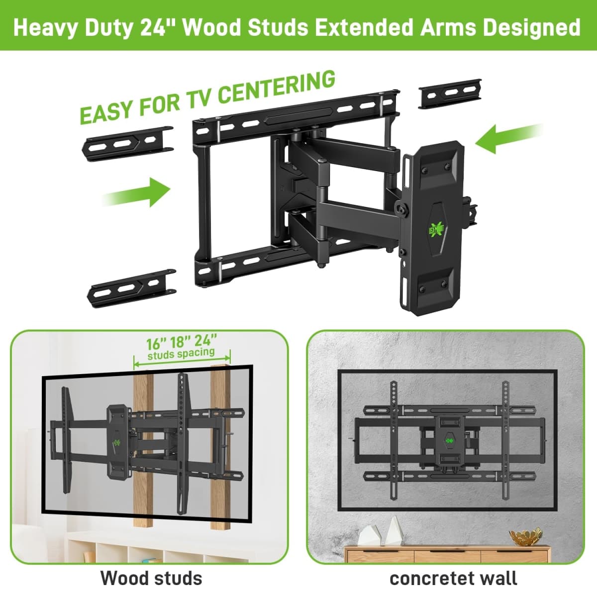 USX MOUNT Full Motion TV Mount for 42"-80" TVS, Fits 16" 18" or 24" Studs, TV Wall Mount Bracket Tilt Swivel Extension TV Mounts with Dual Articulating Arms Max VESA 600x400mm, Weight Capacity 110lbs thumbnail 2
