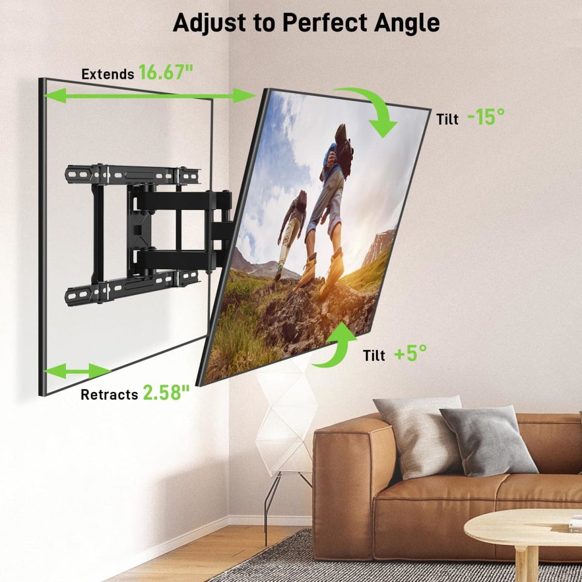 USX MOUNT Full Motion TV Mount for 42"-80" TVS, Fits 16" 18" or 24" Studs, TV Wall Mount Bracket Tilt Swivel Extension TV Mounts with Dual Articulating Arms Max VESA 600x400mm, Weight Capacity 110lbs thumbnail 3