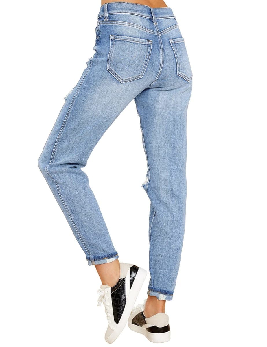 luvamia Women's Casual Ripped Jeans Elastic Waist Slim Boyfriend Jeans Denim Pants, A Timeless Blue, XX-Large thumbnail 2