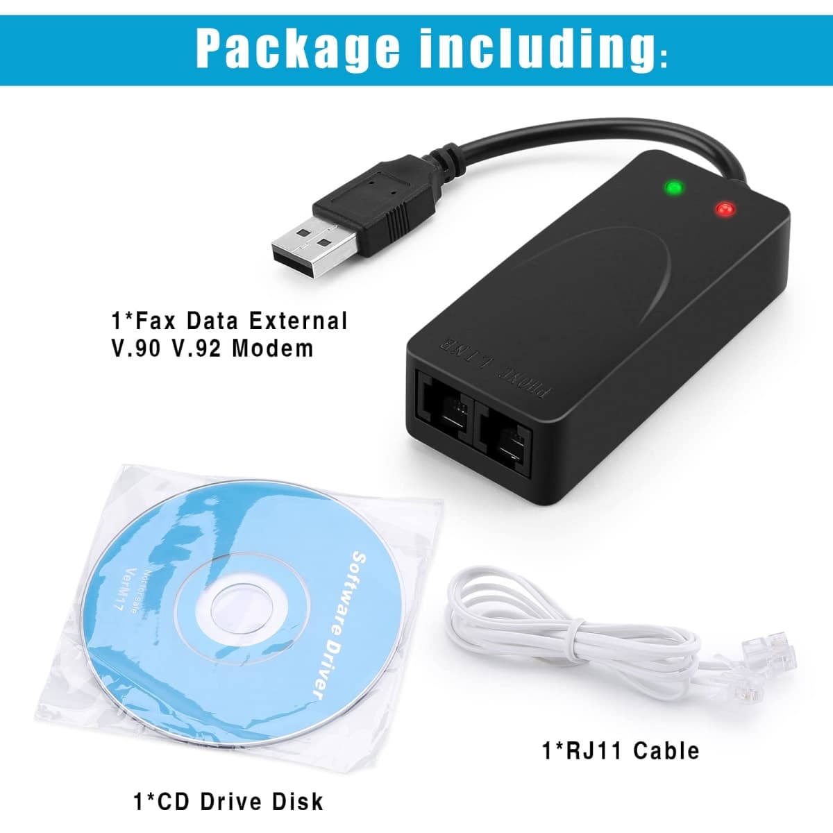 USB 56K Voice Fax Data External V.90 V.92 Modem With Dual Ports, Compatible With Windows 98SE/2000/ME/XP/Vista/Win 7 and Support Auto-Dial, Tone and Pulse Dialing, Auto Answer, Auto Retrain (Black Color) thumbnail 3
