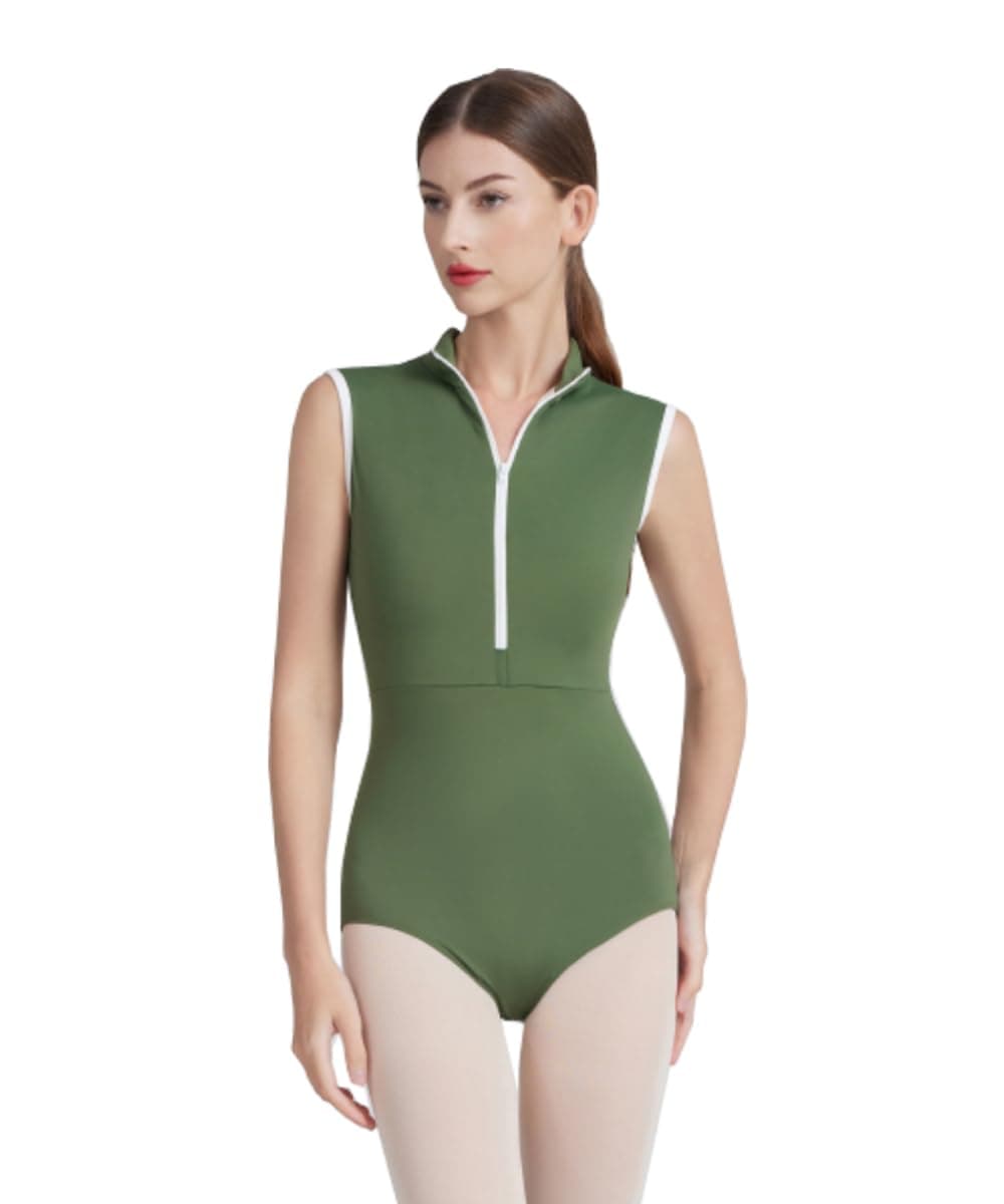 ModLatBal Womens Ballet Dance Leotards Zipper Yoga Gymnastics Bodysuit, Green/White Line, Large thumbnail 2