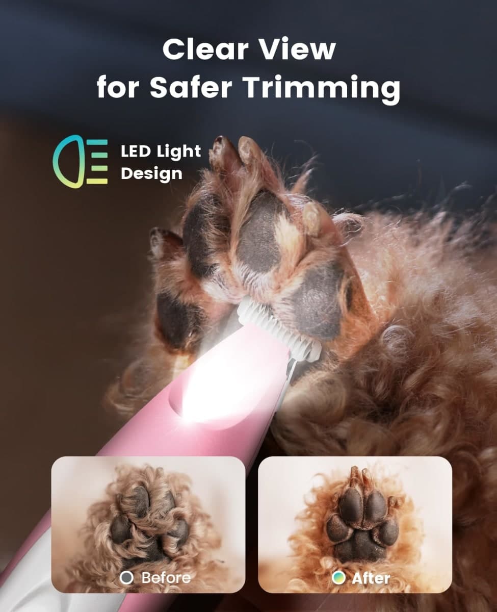 oneisall Low Noise Dog Paw Trimmer with LED Light, Paw Trimmer for Dogs 0.8inch/20mm Widen Blade, 35dB Cordless Electric Pet Paw Grooming Clippers for Paws, Ears, Face, Rump (Pink) thumbnail 3