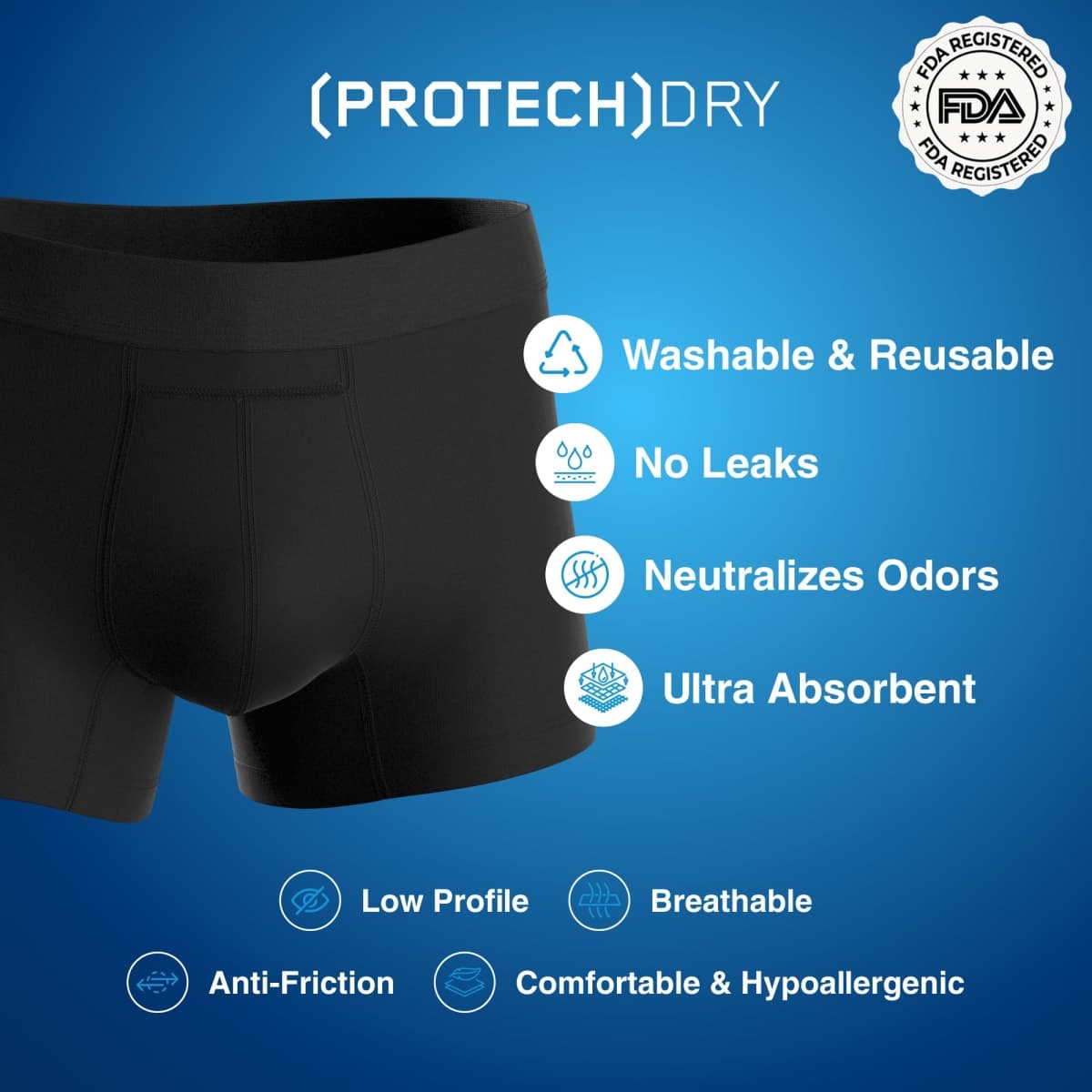 PROTECHDRY Washable & Reusable Cotton Underwear Boxer Brief with Front Absorbent Area for Urinary Incontinence, Black Large thumbnail 3