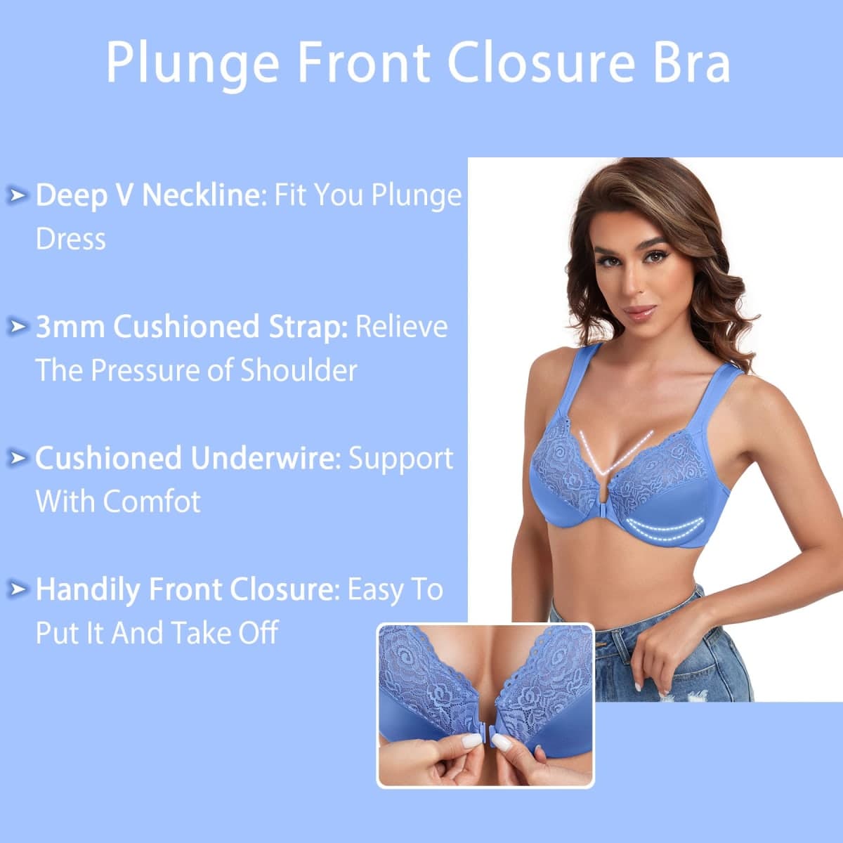 HACI Women's Front Closure Bra Underwire Unpadded Plus Size Full Coverage T-Shirt, Blue, 38D thumbnail 2