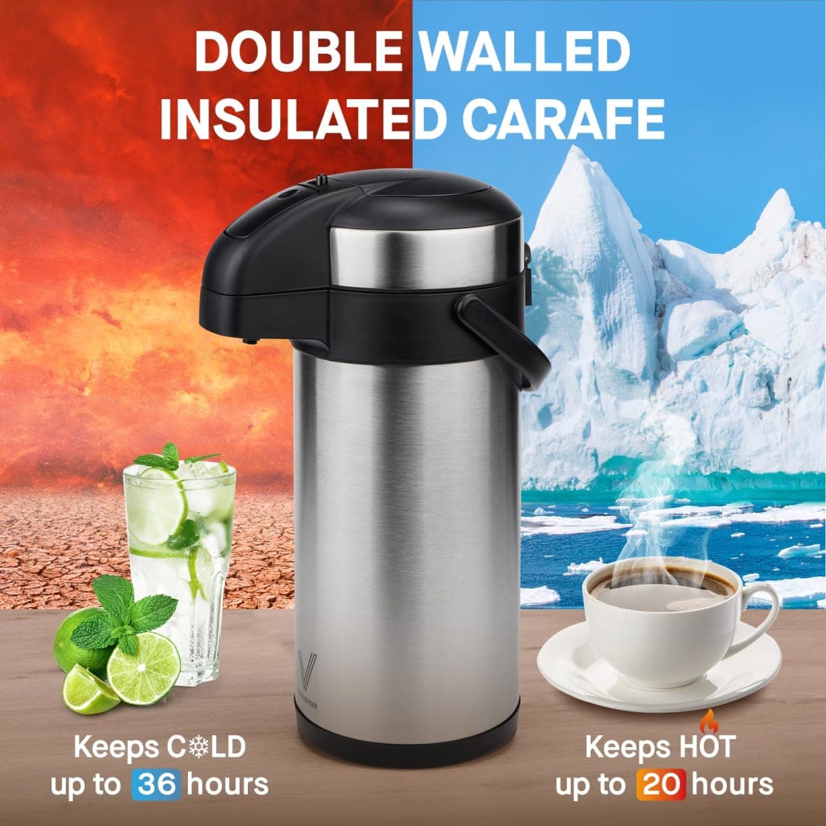 VONDIOR Airpot Coffee Dispenser with Pump - 176 oz Insulated Stainless Steel Coffee Carafe - Thermal Beverage Dispenser - Coffee Urn for Hot/Cold Water, Party Chocolate Drinks thumbnail 2