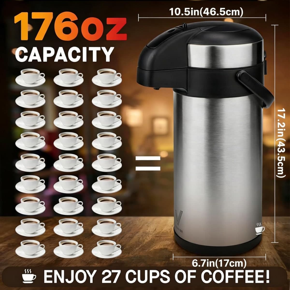 VONDIOR Airpot Coffee Dispenser with Pump - 176 oz Insulated Stainless Steel Coffee Carafe - Thermal Beverage Dispenser - Coffee Urn for Hot/Cold Water, Party Chocolate Drinks thumbnail 3