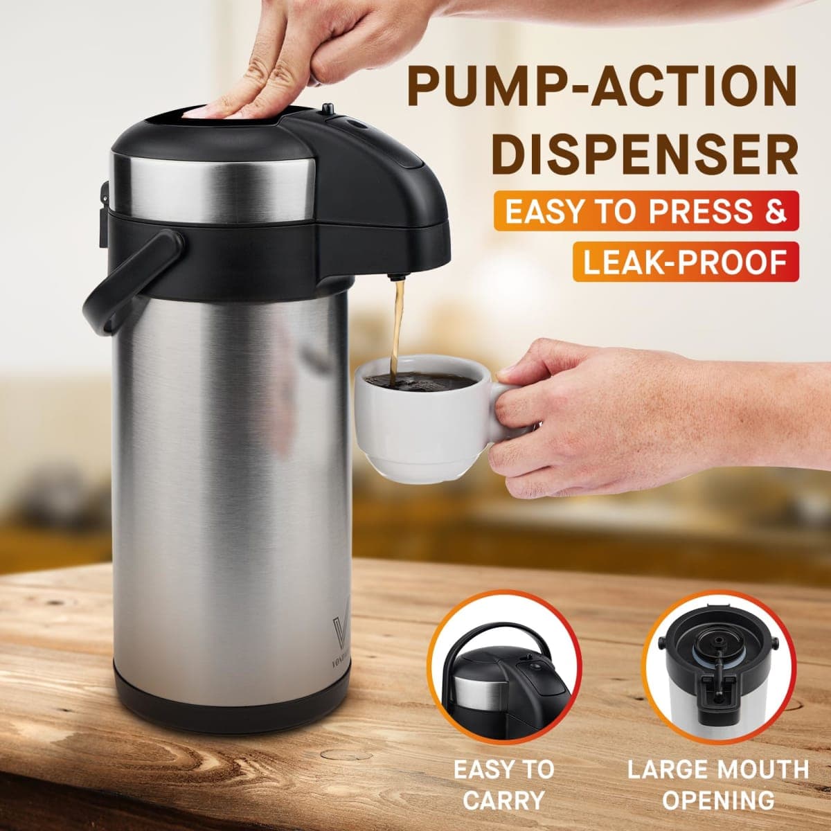 VONDIOR Airpot Coffee Dispenser with Pump - 176 oz Insulated Stainless Steel Coffee Carafe - Thermal Beverage Dispenser - Coffee Urn for Hot/Cold Water, Party Chocolate Drinks thumbnail 4