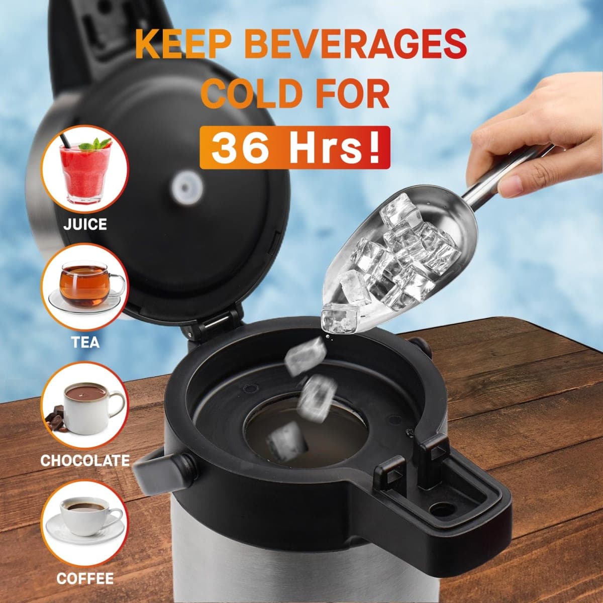 VONDIOR Airpot Coffee Dispenser with Pump - 176 oz Insulated Stainless Steel Coffee Carafe - Thermal Beverage Dispenser - Coffee Urn for Hot/Cold Water, Party Chocolate Drinks thumbnail 5