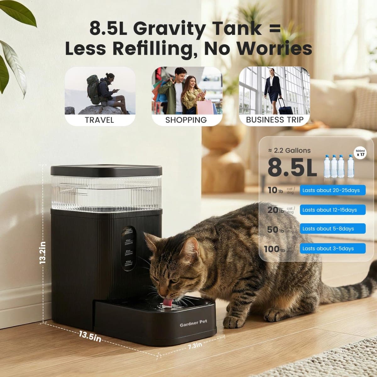 Garnder Pet 8.5L Automatic Dog Water Dispenser with Stainless Steel Bowl, Large Capacity Gravity Dog Water Bottle with Filter, BPA-Free, No Noise, Stable and Spill-Resistant, Easy to Clean, Black thumbnail 2