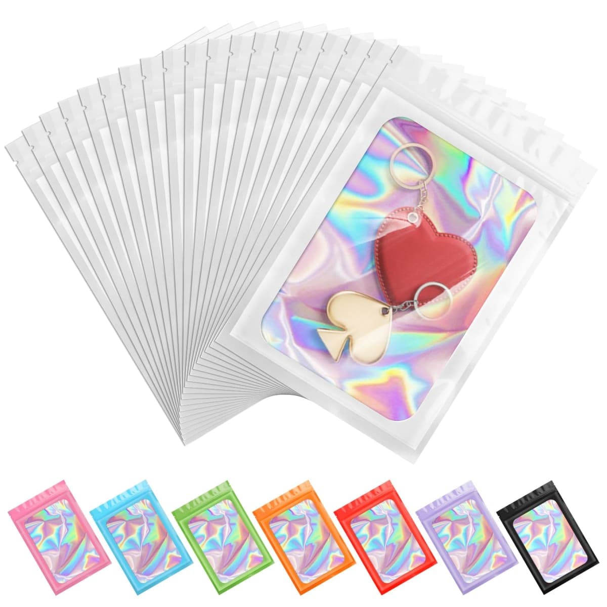 ANZNKU 100 Pack Holographic Bags, Smell Proof Packaging Bag, Clear Window Resealable Goodie Pouch Mylar Bags for Food Storage, Gift Bag for Candy Jewelry Lash Lipgloss (White, 2.4 x 3.9 Inch) — image 1