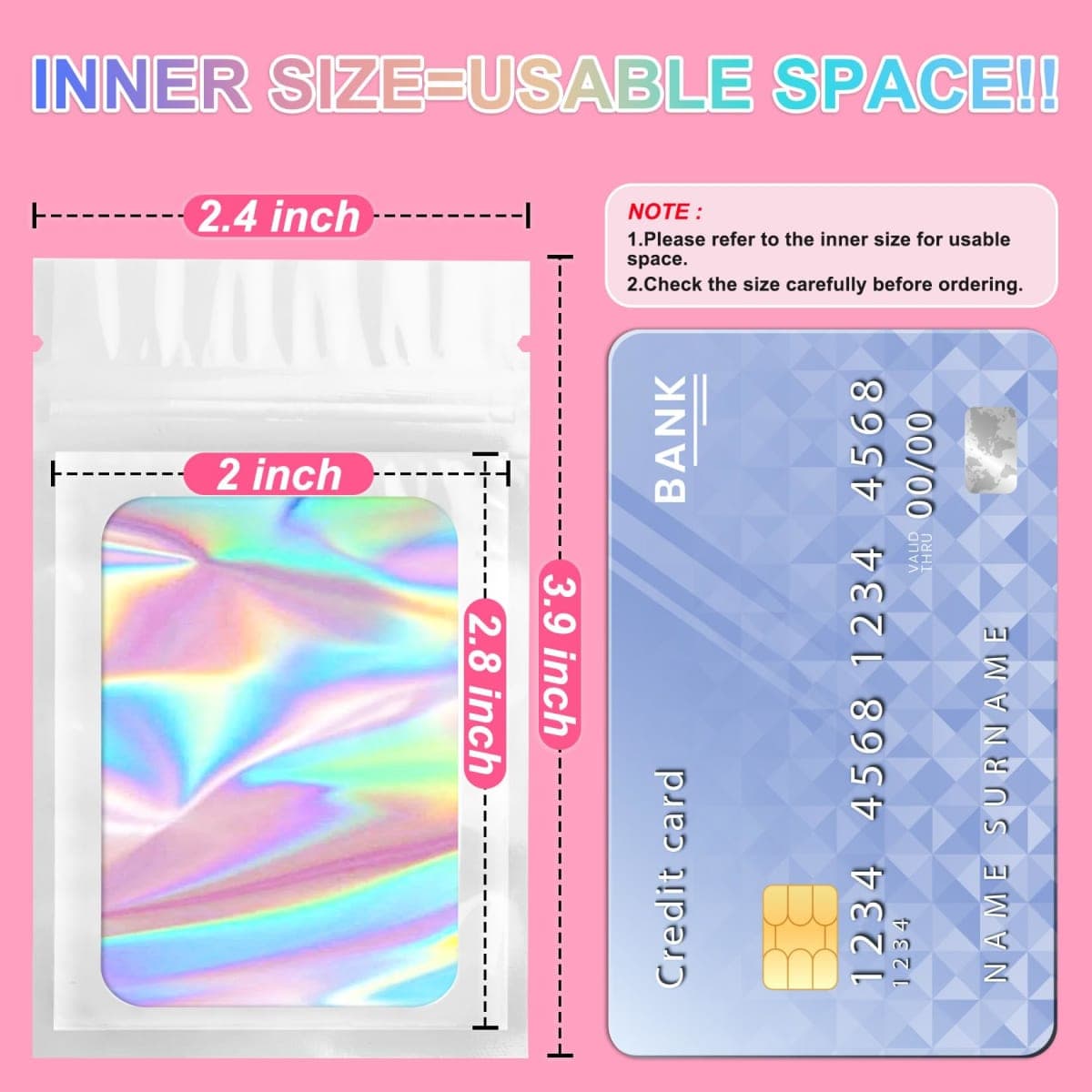 ANZNKU 100 Pack Holographic Bags, Smell Proof Packaging Bag, Clear Window Resealable Goodie Pouch Mylar Bags for Food Storage, Gift Bag for Candy Jewelry Lash Lipgloss (White, 2.4 x 3.9 Inch) thumbnail 2