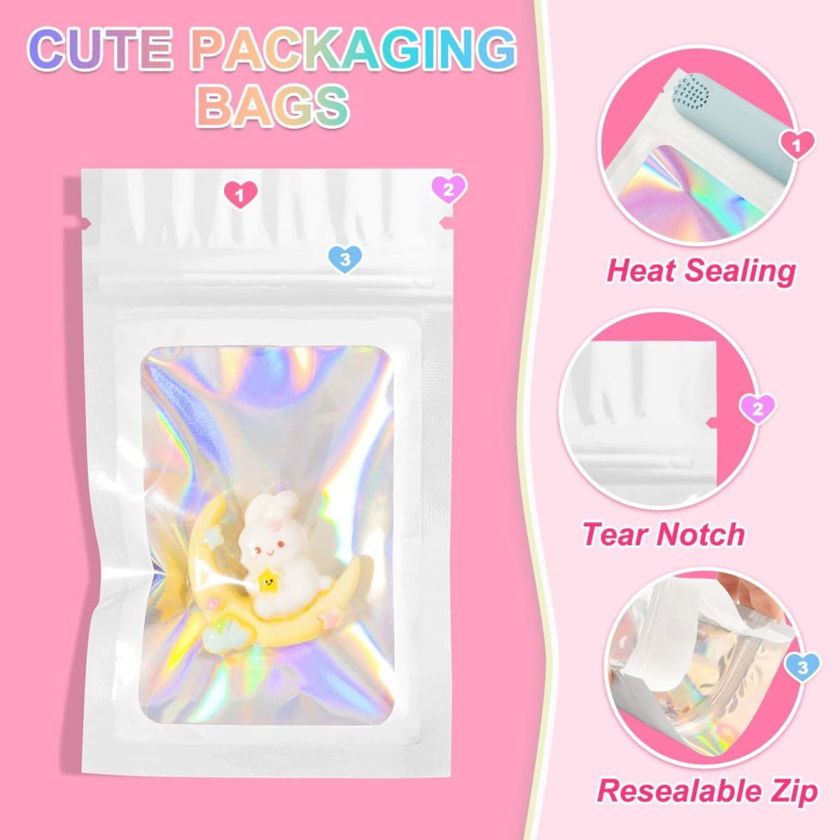 ANZNKU 100 Pack Holographic Bags, Smell Proof Packaging Bag, Clear Window Resealable Goodie Pouch Mylar Bags for Food Storage, Gift Bag for Candy Jewelry Lash Lipgloss (White, 2.4 x 3.9 Inch) thumbnail 3