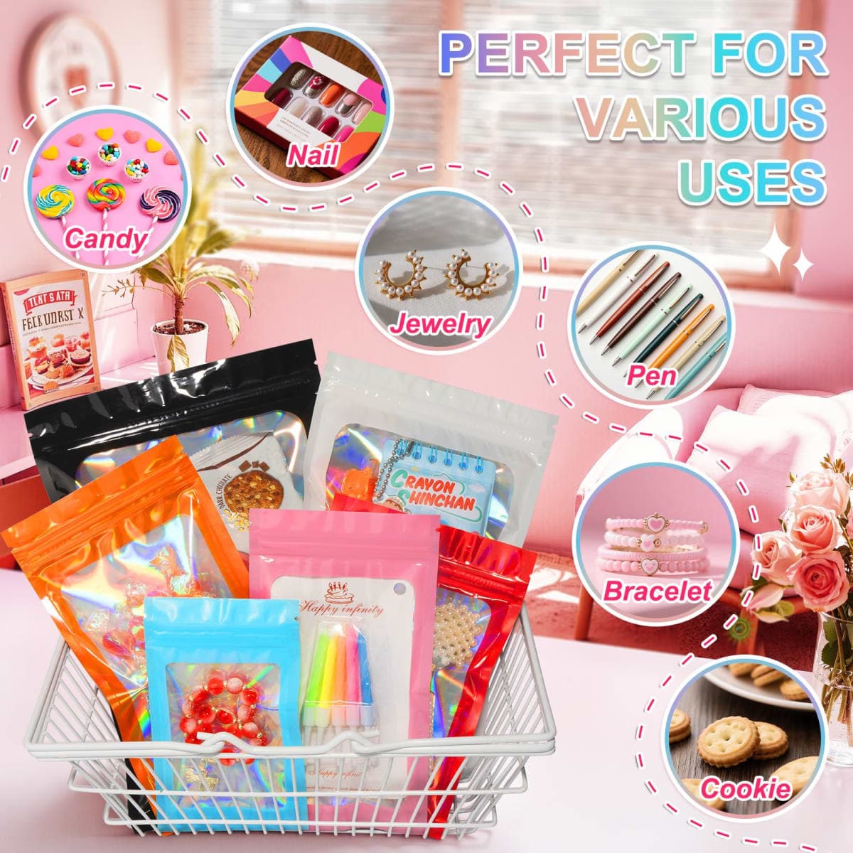 ANZNKU 100 Pack Holographic Bags, Smell Proof Packaging Bag, Clear Window Resealable Goodie Pouch Mylar Bags for Food Storage, Gift Bag for Candy Jewelry Lash Lipgloss (White, 2.4 x 3.9 Inch) thumbnail 4