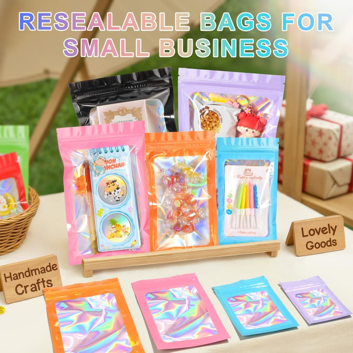 ANZNKU 100 Pack Holographic Bags, Smell Proof Packaging Bag, Clear Window Resealable Goodie Pouch Mylar Bags for Food Storage, Gift Bag for Candy Jewelry Lash Lipgloss (White, 2.4 x 3.9 Inch) thumbnail 5