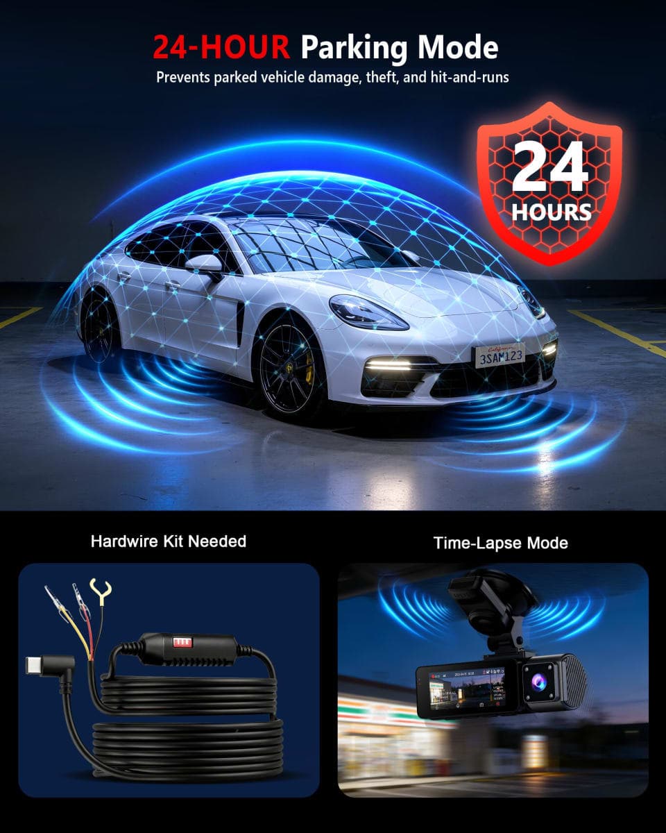 4K Dash Cam Front and Rear with GPS, Upgraded 5.8G WiFi, 3 Channel Dash Camera for Cars, Night Vision, WDR, 160°Wide Angle, 24H Parking Monitor, Emergency Lock,(128GB Card Included) thumbnail 5