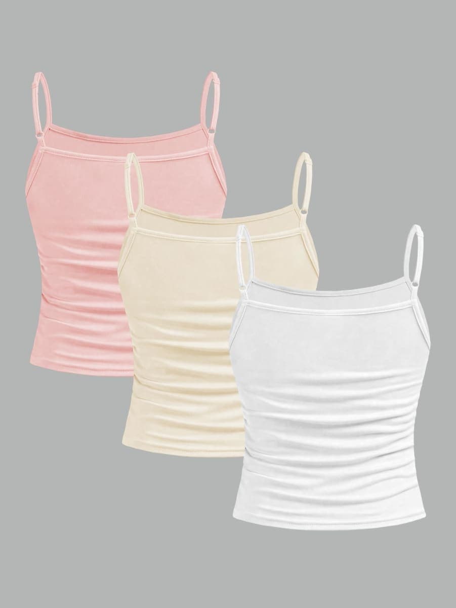 SOLY HUX Girl's Tank Tops 3 Packs Cute Ruched Spaghetti Strap Camisole Slim Fit Undershirts, Apricot Yellow Pink, 12 Years thumbnail 3