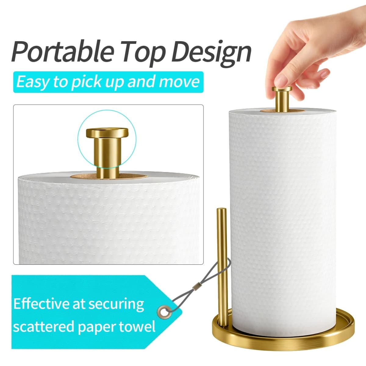 Paper Towel Holder Countertop, Standing Paper Roll Holder with Anti Slip Weighted Base, Stainless Steel Paper Towel Holder Suit for Standard and Large Rolls, Gold thumbnail 2