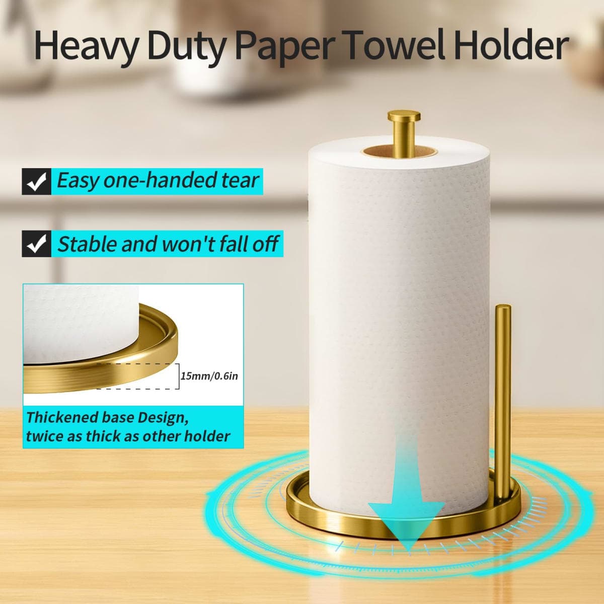 Paper Towel Holder Countertop, Standing Paper Roll Holder with Anti Slip Weighted Base, Stainless Steel Paper Towel Holder Suit for Standard and Large Rolls, Gold thumbnail 3