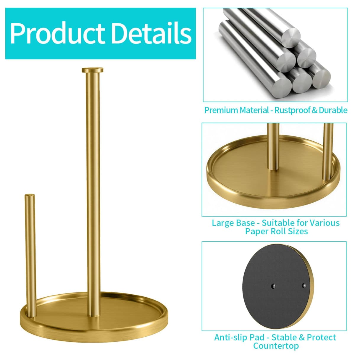 Paper Towel Holder Countertop, Standing Paper Roll Holder with Anti Slip Weighted Base, Stainless Steel Paper Towel Holder Suit for Standard and Large Rolls, Gold thumbnail 4