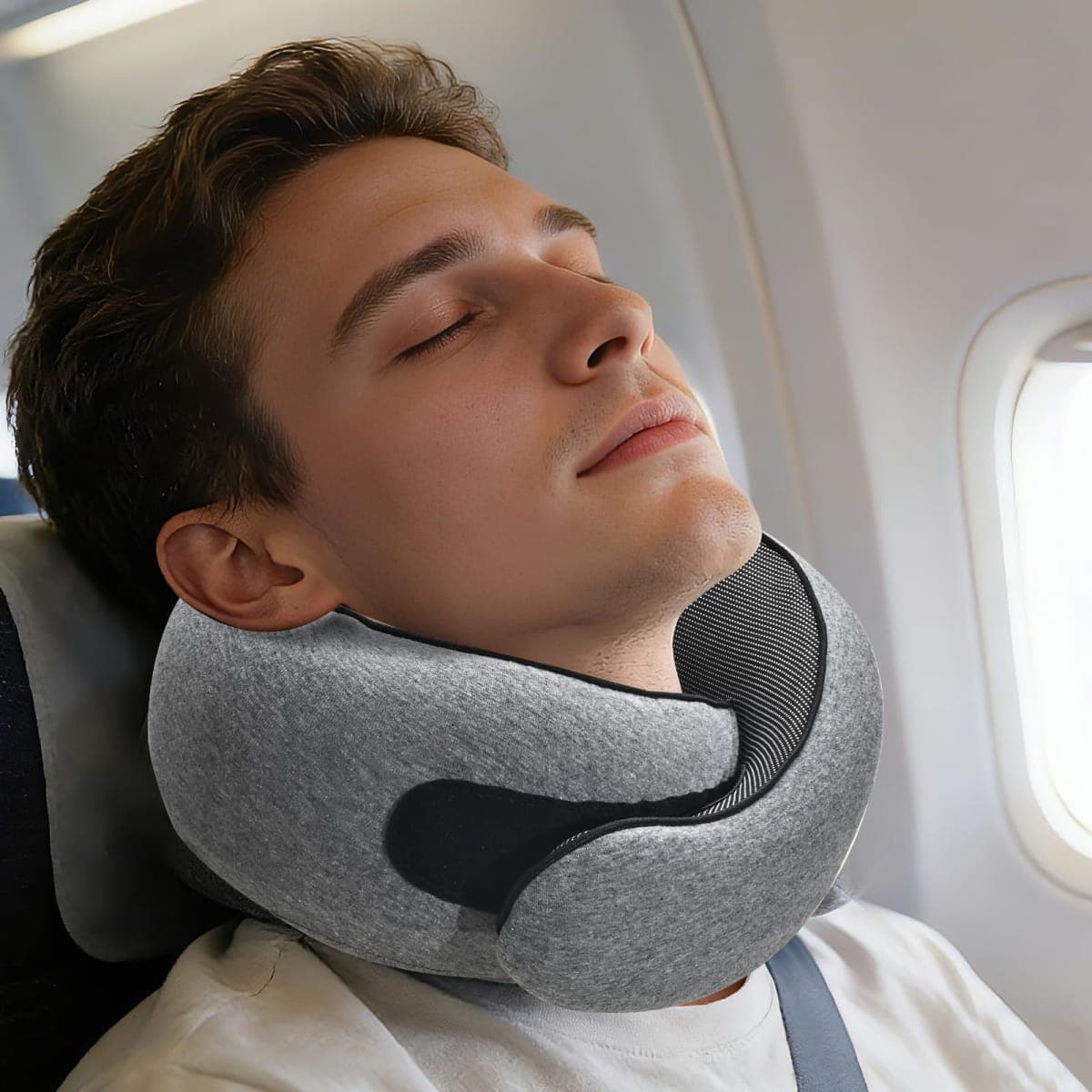 REHUAWHO Travel Neck Pillow for Airplanes - 100% Memory Foam, 360° Head Support, Breathable & Removable and Washable, Compact for Travel, Car & Flights - Grey thumbnail 2