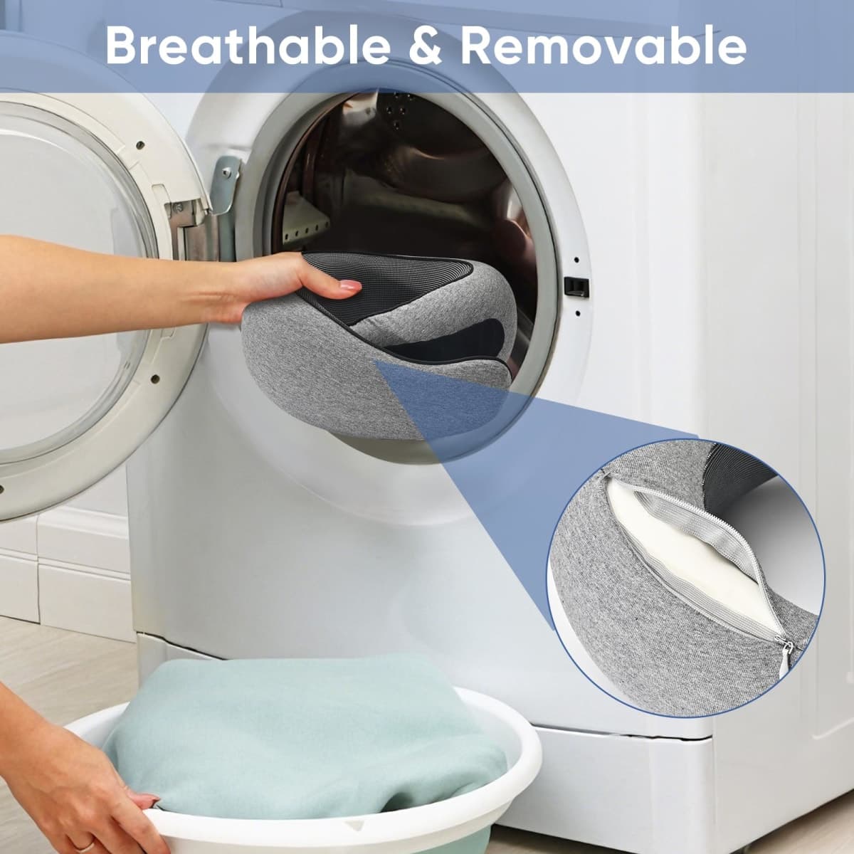 REHUAWHO Travel Neck Pillow for Airplanes - 100% Memory Foam, 360° Head Support, Breathable & Removable and Washable, Compact for Travel, Car & Flights - Grey thumbnail 3