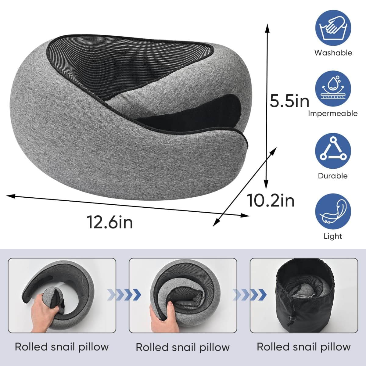 REHUAWHO Travel Neck Pillow for Airplanes - 100% Memory Foam, 360° Head Support, Breathable & Removable and Washable, Compact for Travel, Car & Flights - Grey thumbnail 4