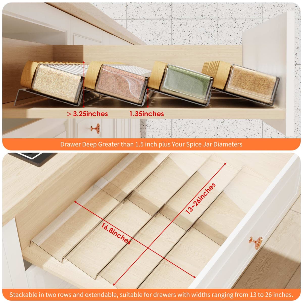 Spice Drawer Organizer, 4 Tier Clear Acrylic Expandable From 13" to 26" Seasoning Jars Drawer Insert, Kitchen Drawer Spice Rack Tray for Cabinet/Countertop thumbnail 3