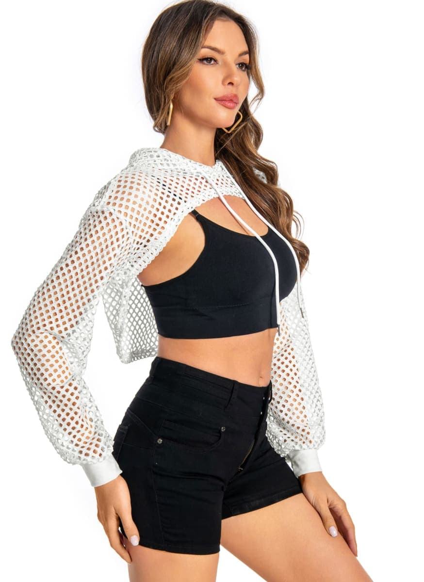 ZNVGIRL Women Mesh Crop Top Hoodie Fishnet See Through Long Sleeve Shirt Sheer Blouse for Club Party, A White, X-Large thumbnail 2