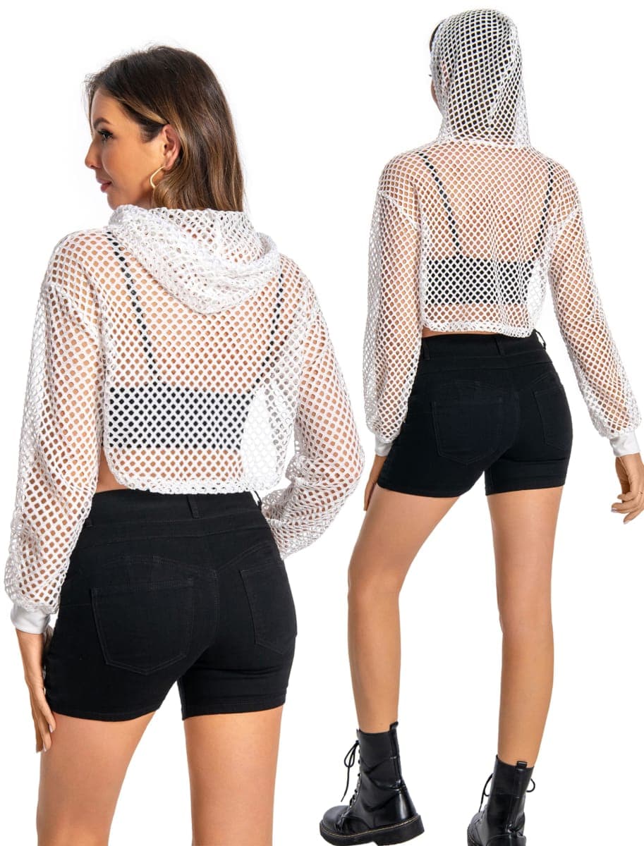 ZNVGIRL Women Mesh Crop Top Hoodie Fishnet See Through Long Sleeve Shirt Sheer Blouse for Club Party, A White, X-Large thumbnail 4