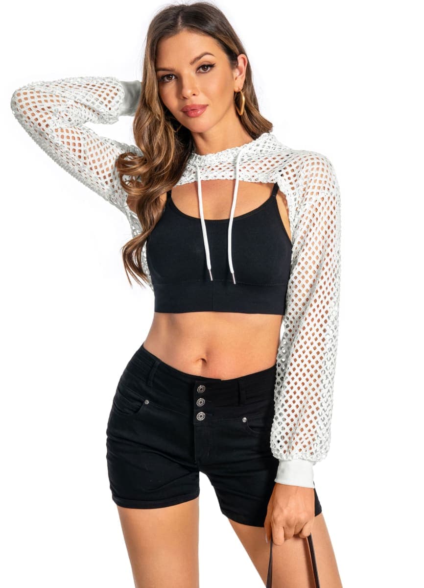ZNVGIRL Women Mesh Crop Top Hoodie Fishnet See Through Long Sleeve Shirt Sheer Blouse for Club Party, A White, X-Large thumbnail 5