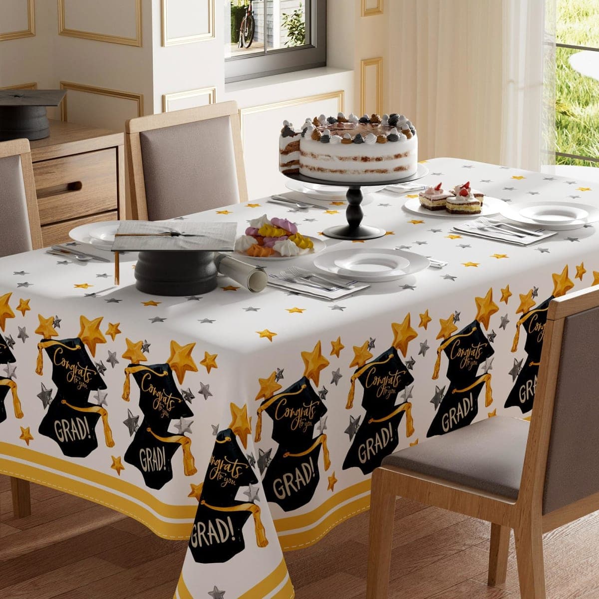 XCHI Congrats to You Grad Watercolor Graduation Cap Stars Tablecloth Round Washable Table Covers for Indoor Outdoor Dining Table Home Party Decorations 60x60 Inch — image 1