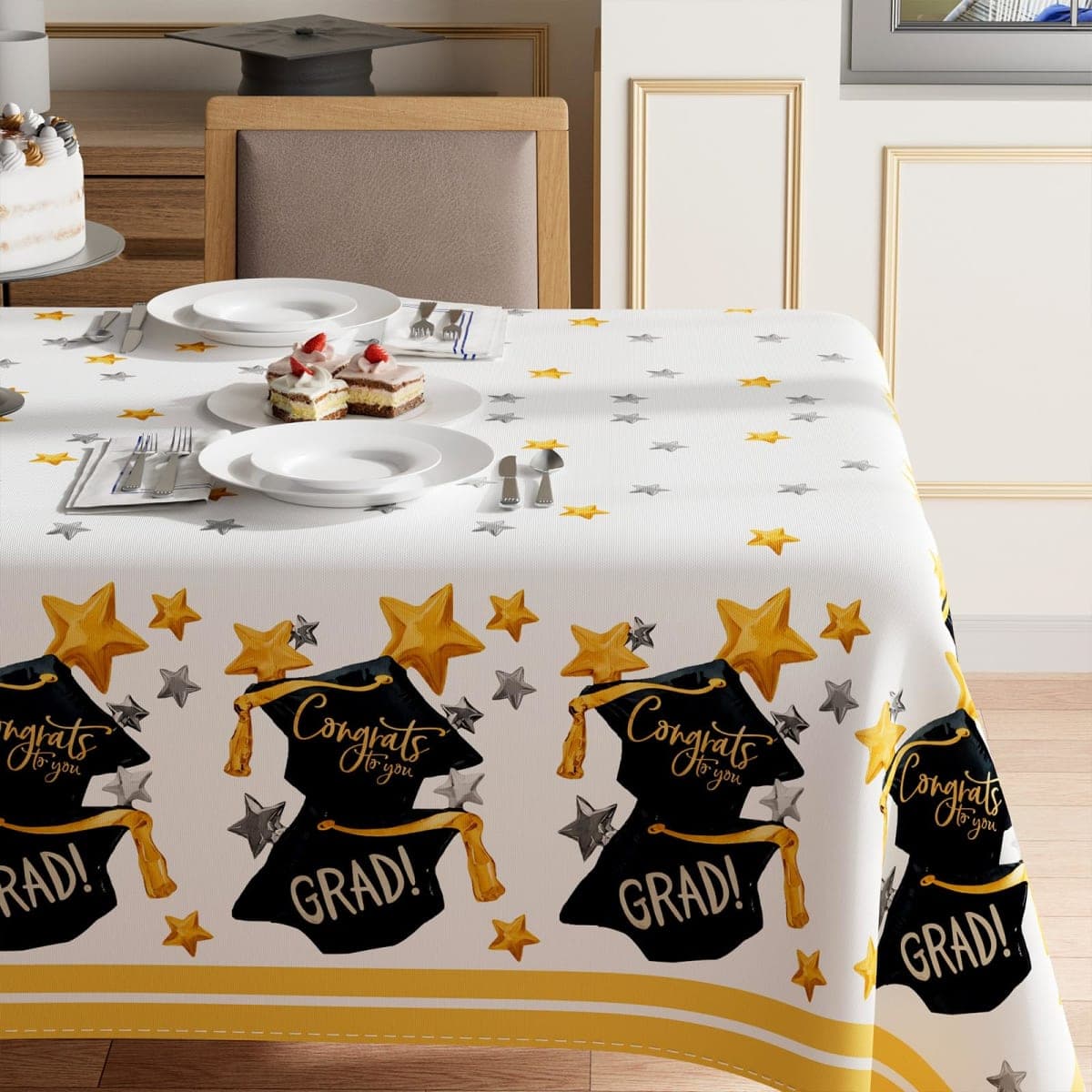 XCHI Congrats to You Grad Watercolor Graduation Cap Stars Tablecloth Round Washable Table Covers for Indoor Outdoor Dining Table Home Party Decorations 60x60 Inch thumbnail 2