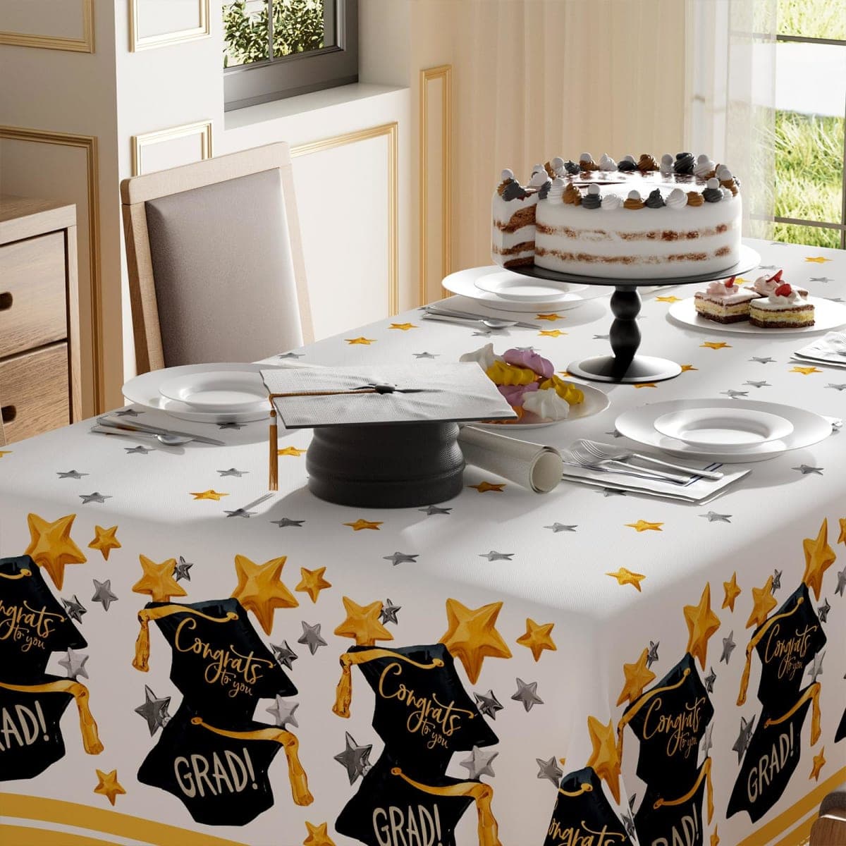 XCHI Congrats to You Grad Watercolor Graduation Cap Stars Tablecloth Round Washable Table Covers for Indoor Outdoor Dining Table Home Party Decorations 60x60 Inch thumbnail 3
