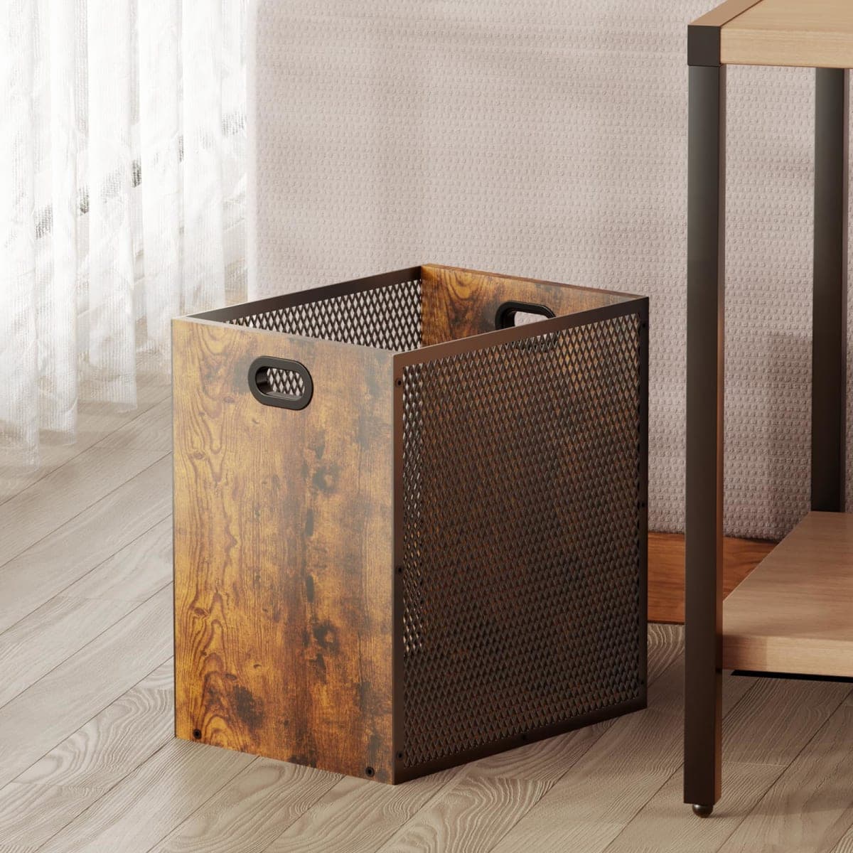 Huxitocan Retro Office Trash Can, Iron and Wood Combination Bedroom Garbage Can, Rectangular Design Wastebasket with Handle, Industrial Style Trash Can for Home Office, 4.5 Gallon (Patent Pending) — image 1
