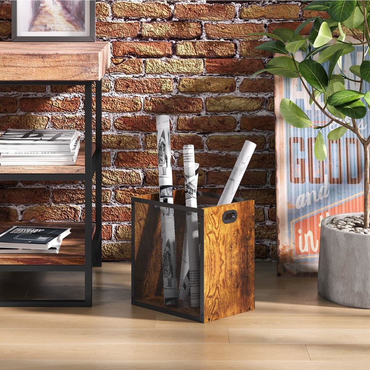 Huxitocan Retro Office Trash Can, Iron and Wood Combination Bedroom Garbage Can, Rectangular Design Wastebasket with Handle, Industrial Style Trash Can for Home Office, 4.5 Gallon (Patent Pending) thumbnail 3