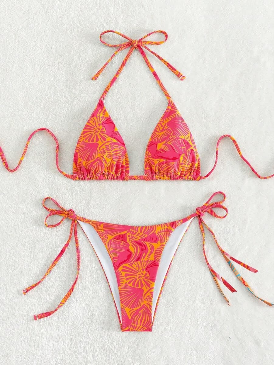 ZAFUL Womens Printed Triangle Bikinis 2 Piece Halter Bikini Sets High Cut Bathing Suit Side Tie Swimsuits, 1-orange Rose Print, Medium thumbnail 2