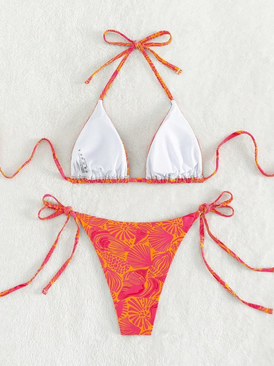 ZAFUL Womens Printed Triangle Bikinis 2 Piece Halter Bikini Sets High Cut Bathing Suit Side Tie Swimsuits, 1-orange Rose Print, Medium thumbnail 3