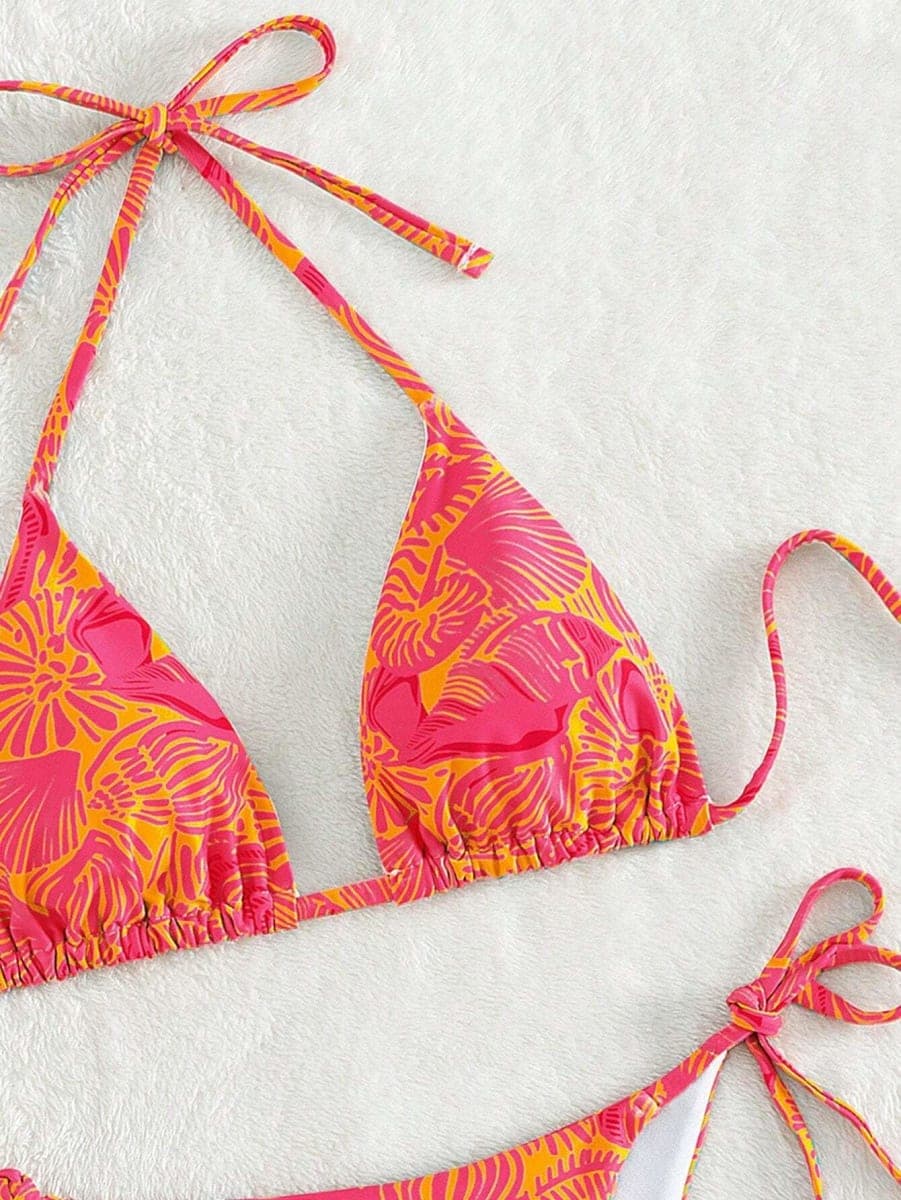 ZAFUL Womens Printed Triangle Bikinis 2 Piece Halter Bikini Sets High Cut Bathing Suit Side Tie Swimsuits, 1-orange Rose Print, Medium thumbnail 4