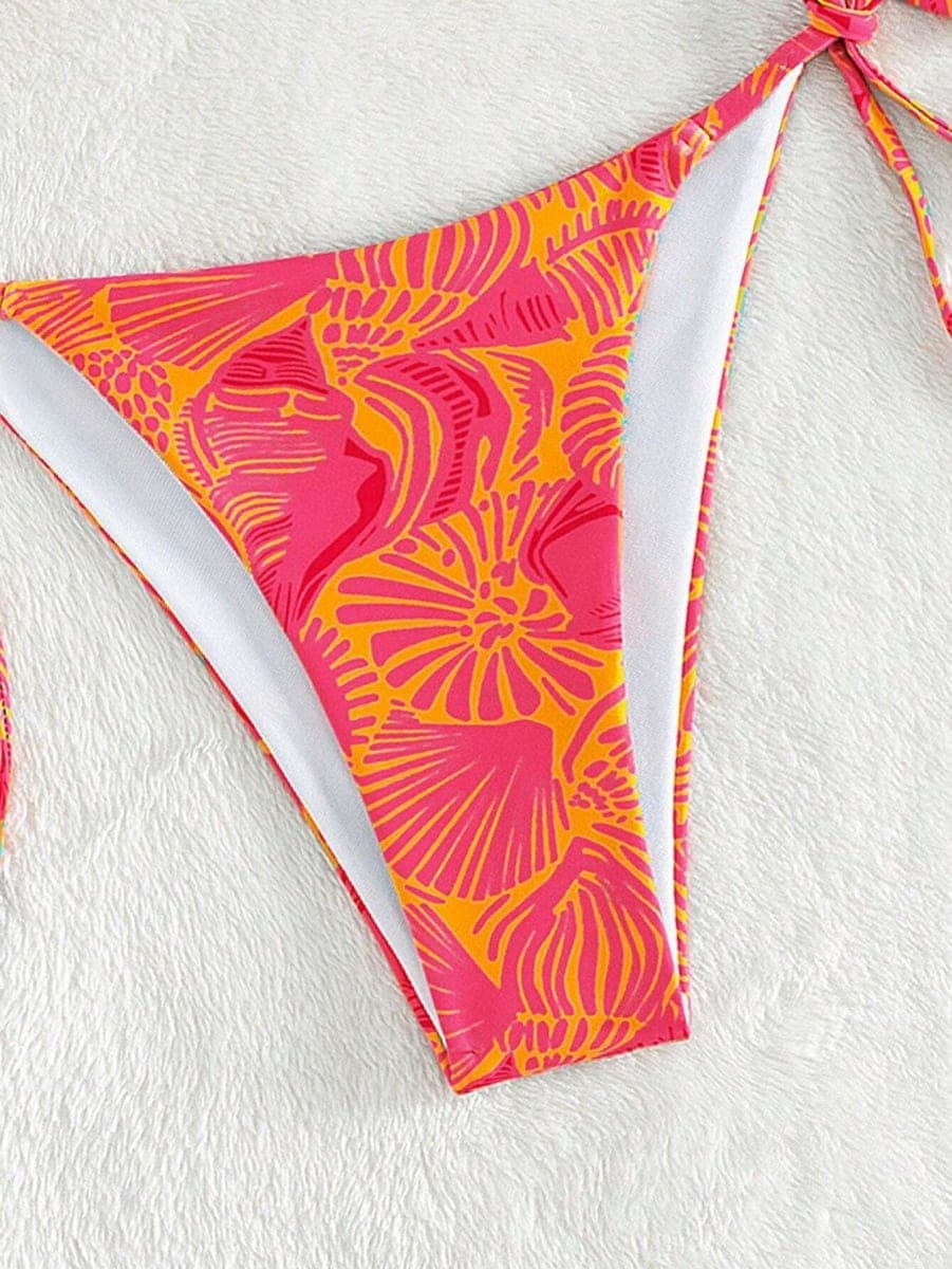 ZAFUL Womens Printed Triangle Bikinis 2 Piece Halter Bikini Sets High Cut Bathing Suit Side Tie Swimsuits, 1-orange Rose Print, Medium thumbnail 5