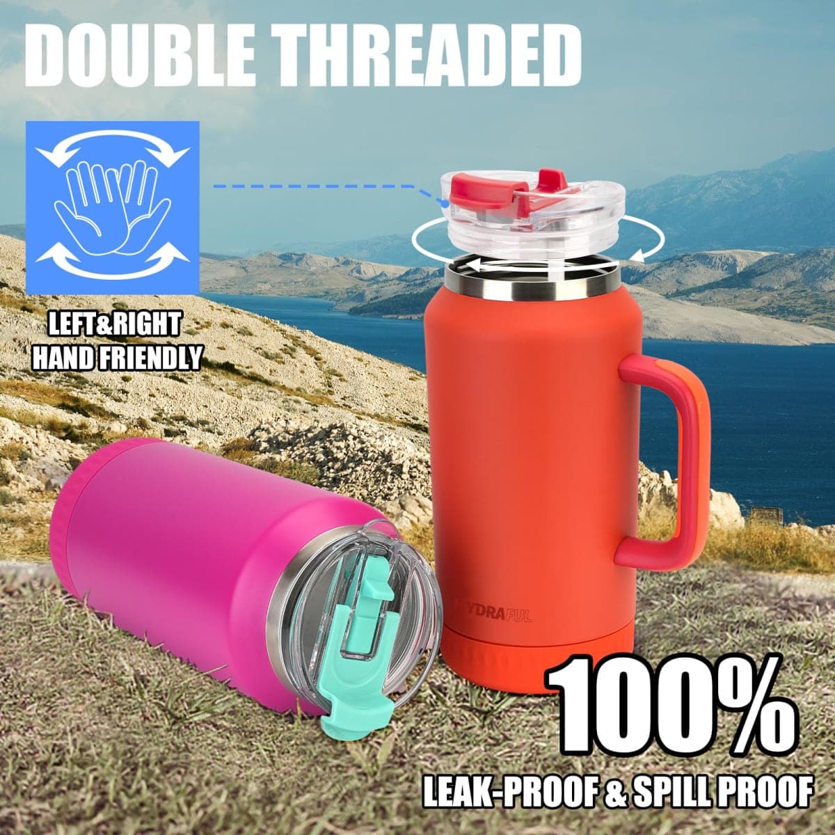 Hydraful 64 oz Tumbler with Handle and Straw - 100% Leak-Proof - Insulated Cup Reusable Stainless Steel Large Water Bottle Travel Mug for Gym, Hiking, and Camping - Gifts for Women Men Him Her thumbnail 5