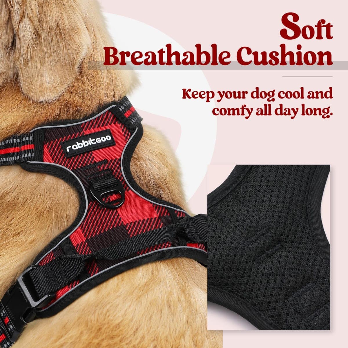 rabbitgoo Dog Harness, No-Pull Pet Harness with 2 Leash Clips, Adjustable Soft Padded Vest, Reflective No-Choke Pet Oxford Vest with Easy Control Handle for Small Dogs, Red Plaid, S thumbnail 3