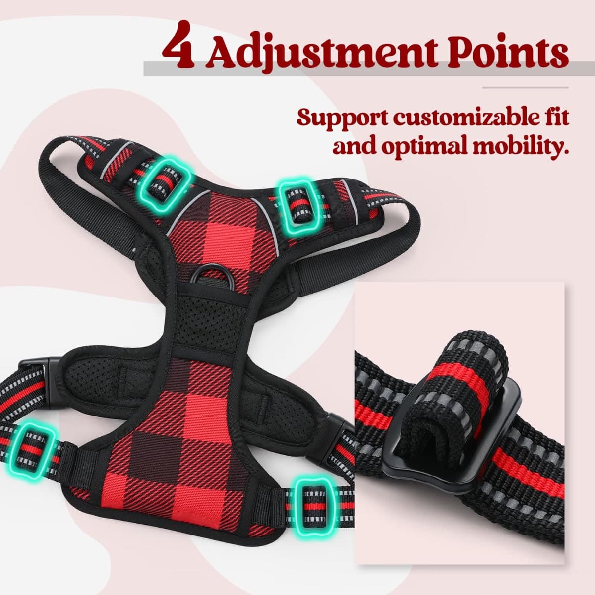 rabbitgoo Dog Harness, No-Pull Pet Harness with 2 Leash Clips, Adjustable Soft Padded Vest, Reflective No-Choke Pet Oxford Vest with Easy Control Handle for Small Dogs, Red Plaid, S thumbnail 5