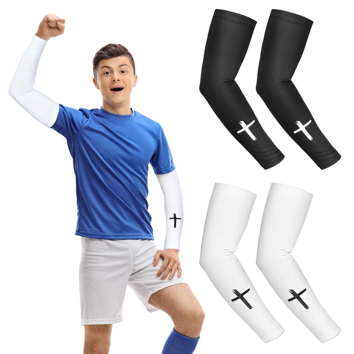 Bunnycool 2 Pairs Cross Arm Sleeve Christian Compression Arm Sleeve Youth Football Baseball Volleyball, White,black, 3-8years