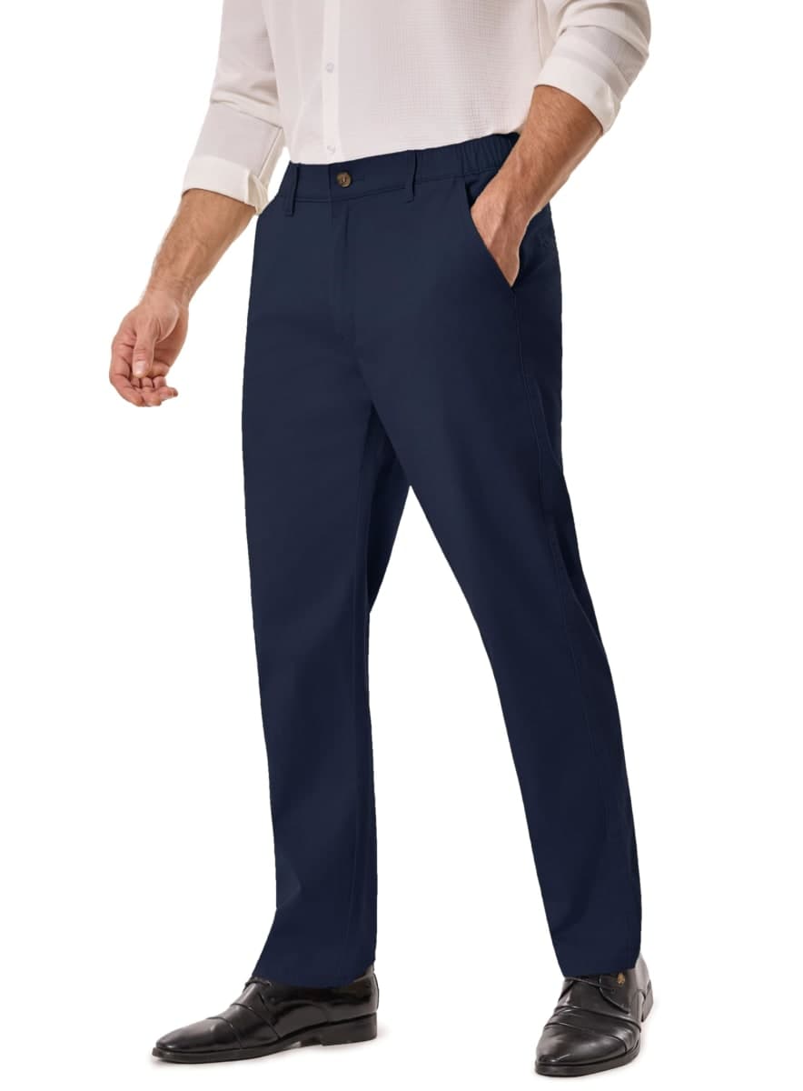 voeeron Men's Elastic Waist Pants Relaxed Fit Khaki Pants Wrinkle Resistant Flat Front Casual Pant, Navy, 34W x 28L thumbnail 2