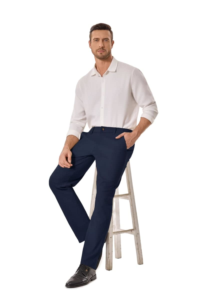 voeeron Men's Elastic Waist Pants Relaxed Fit Khaki Pants Wrinkle Resistant Flat Front Casual Pant, Navy, 34W x 28L thumbnail 4