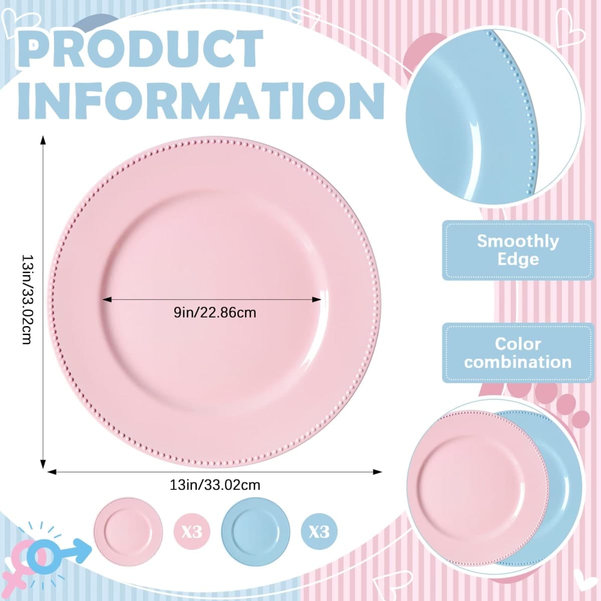 LemonRoad 6 Pcs Pink and Blue Charger Plates with Beaded Rim 13 Inch Pink and Blue Plastic Dinnerware Plates for Baby Shower Gender Reveal Birthday Party Supplies thumbnail 2